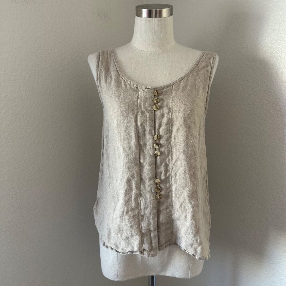 Express Vintage Top Linen Front Buttons Detail Scoop Neck Pullover Sleeveless Ai
